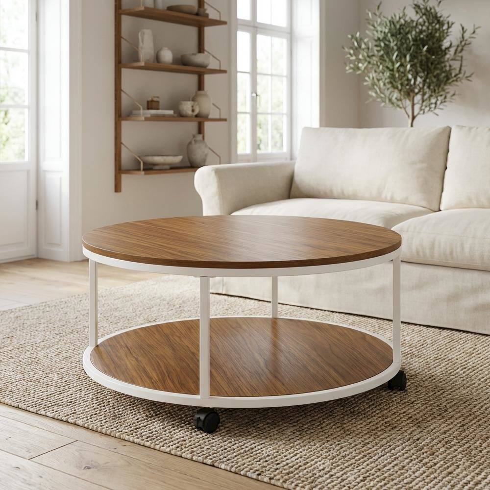 Left. FurniFact - Round White Coffee Table with Solid Wood Frame and Brown Laminate Top - White.