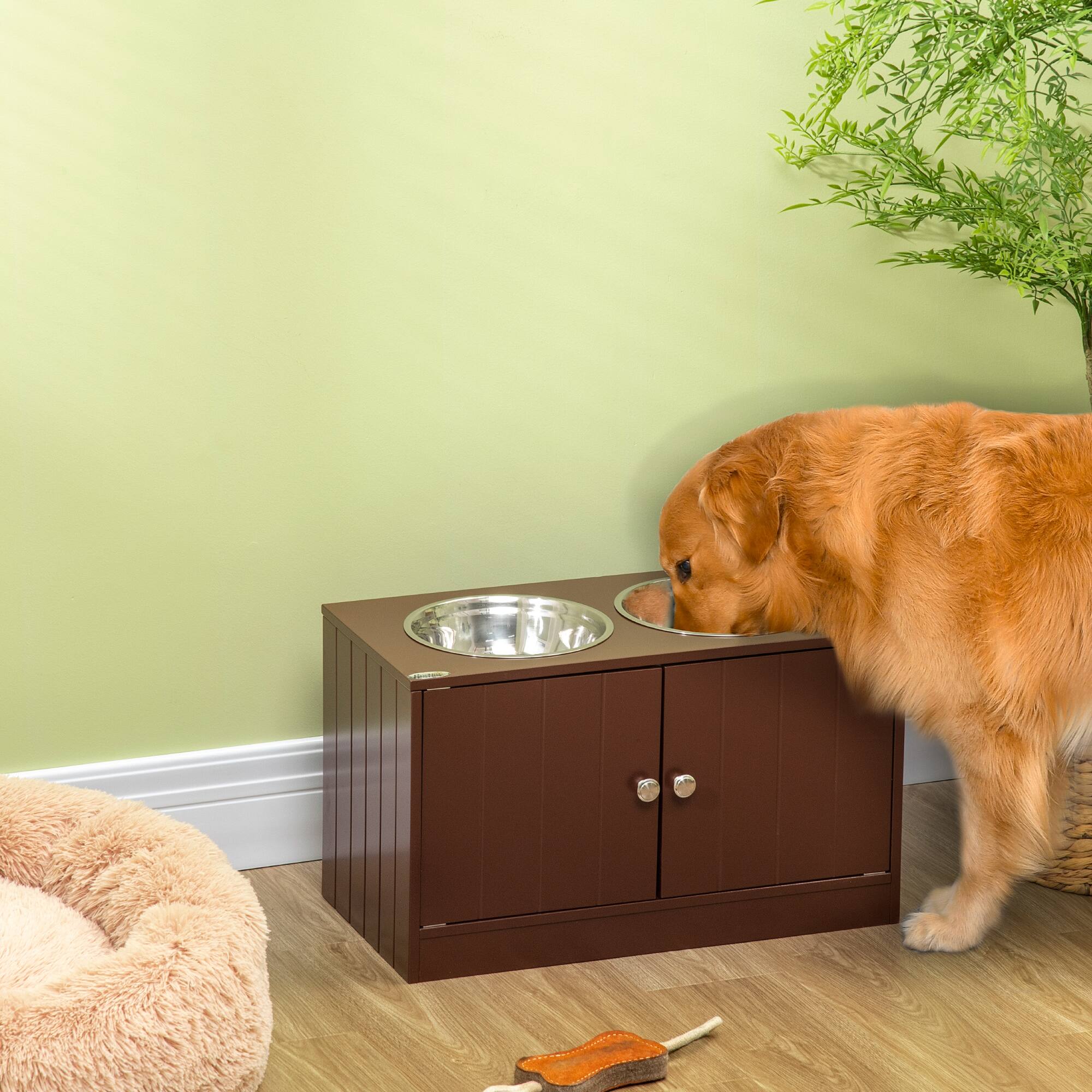 Angle. Pawhut - Elevated Bowls with Cabinet Containing 44L Capacity, Raised Bowl Stand Food Bowl Feeding Station - Brown.