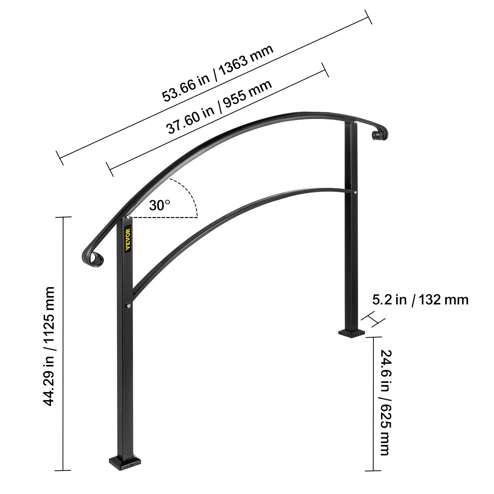 53.66 mm / 1363 mm, 37.60 mm / 955 mm, 44.29 mm / 1125 mm, 5.2 in / 132 mm, 24.6 in / 625 mm