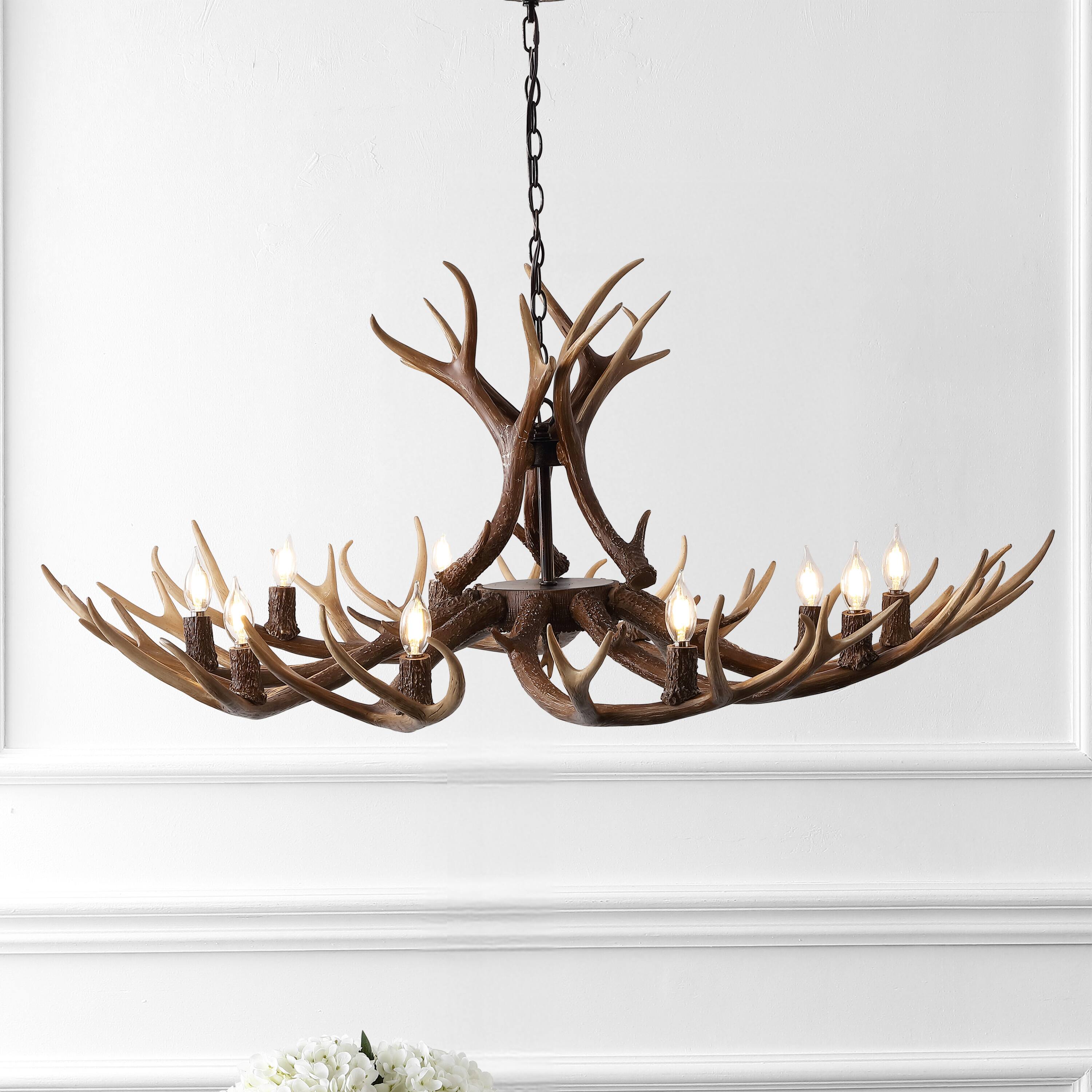 Alt View 1. Jonathan Y - Eldora 49" 10-Light Rustic Farmhouse Adjustable Resin Antler LED Chandelier, Brown - Brown.