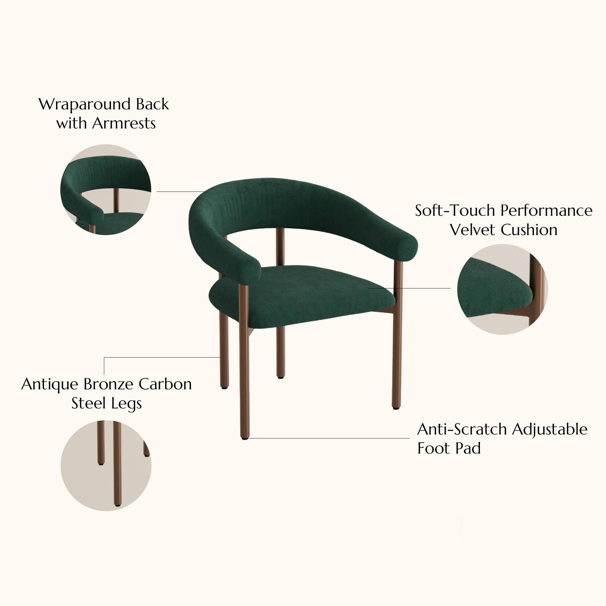 Wraparound Back with Armrests  
Soft-Touch Performance Velvet Cushion  
Antique Bronze Carbon Steel Legs  
Anti-Scratch Adjustable Foot Pad