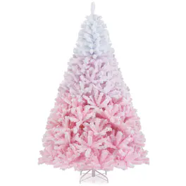 Costway - 7 FT Artificial Christmas Tree with 1264 Branch Tips & Folding Metal Stand - Pink+White