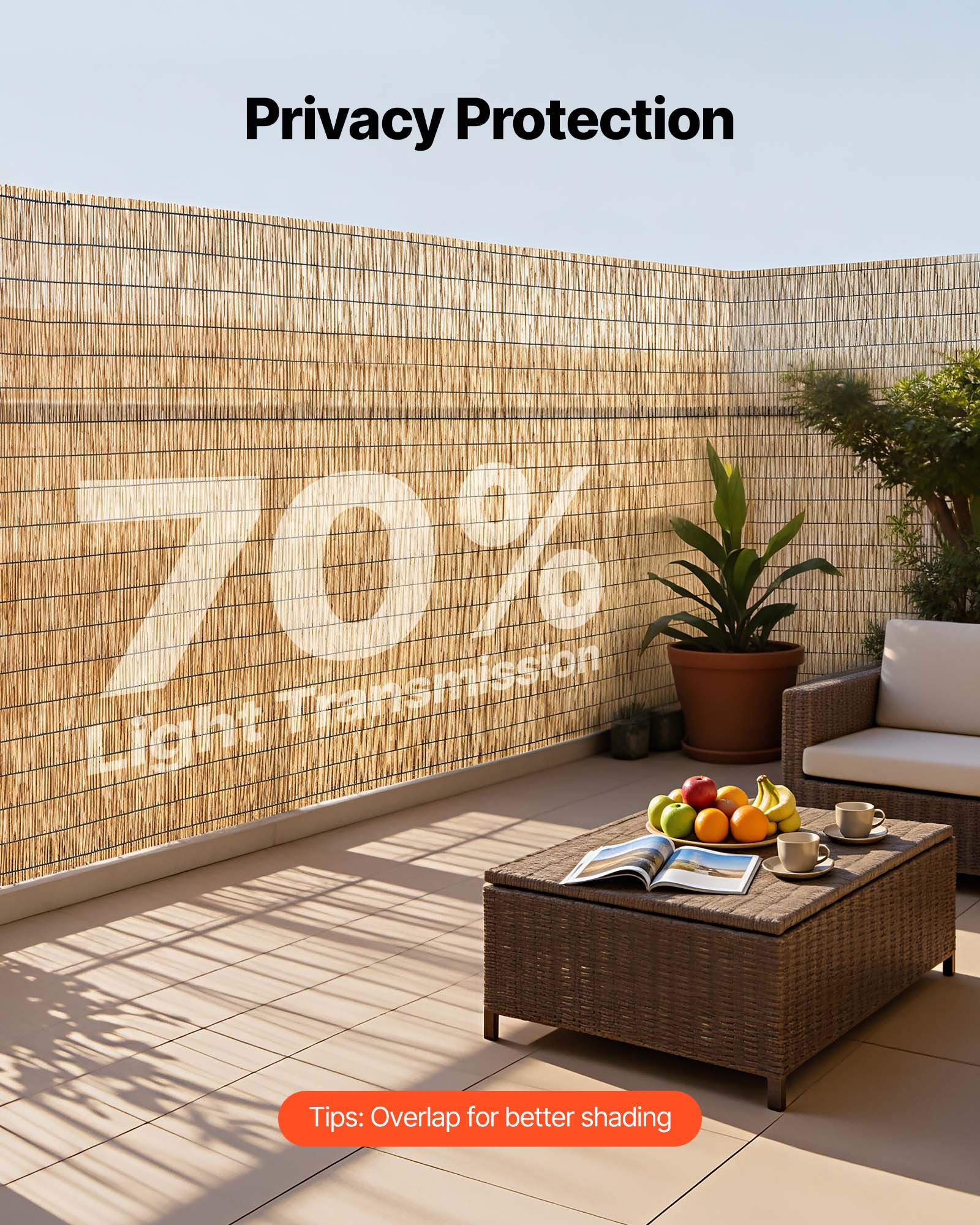Privacy Protection  
70% Light Transmission  
Tips: Overlap for better shading