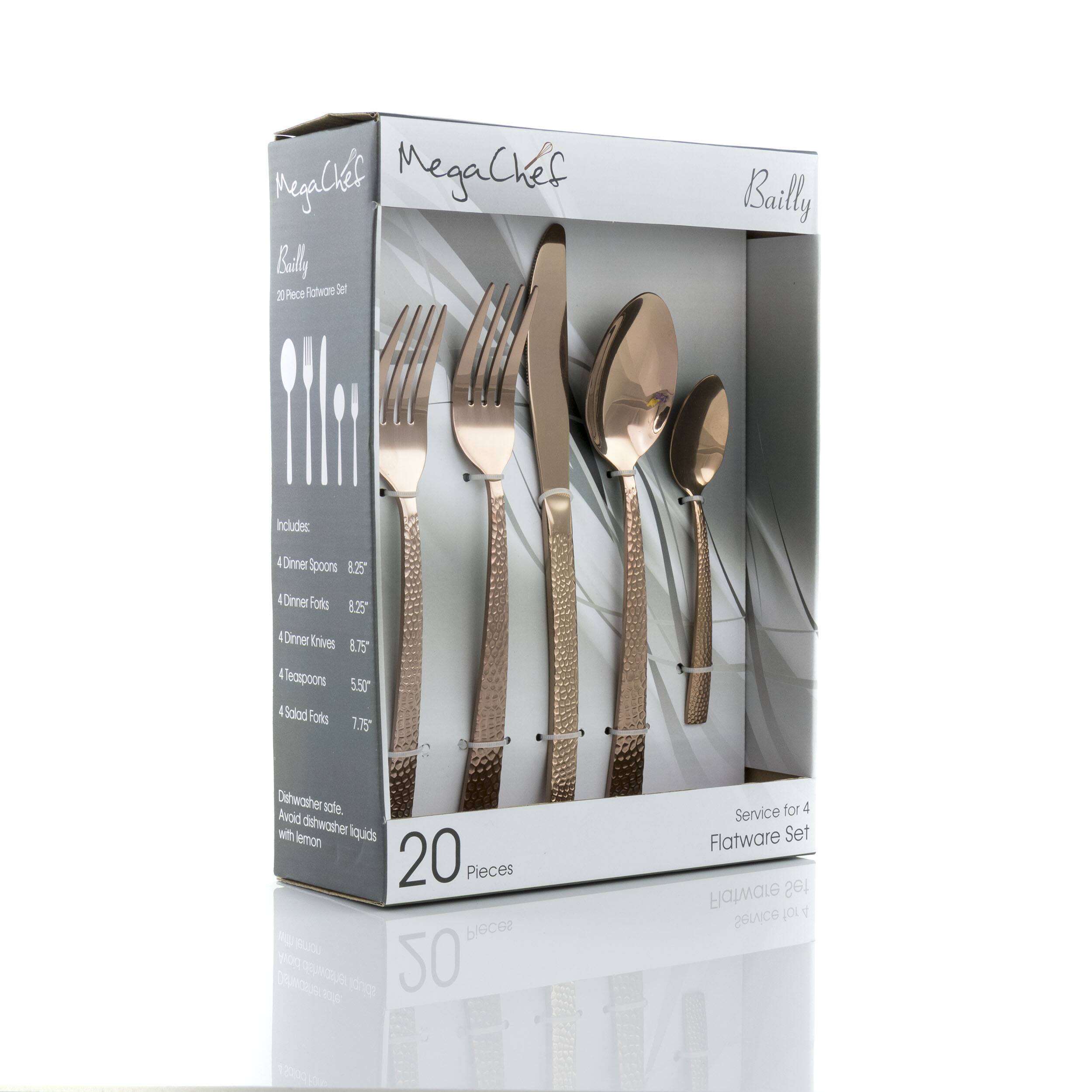 MegaChef Bailly 20 Pieces Set Includes: 4 Dinner Spoons 8.25, 4 Dinner Forks 8.25, 4 Dinner Knives 8.75, 4 Teaspoons 5.50, 4 Salad Forks 7.75. Dishwasher safe: Avoid dishwasher liquids with lemon. Service for 4 Flatware Set.