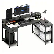Front. Bestier - Gaming Desk - L-Shape Office Desk with RGB Light, Charging Station, Monitor Riser & Shelves - Black.