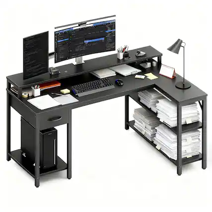 Front. Bestier - Gaming Desk - L-Shape Office Desk with RGB Light, Charging Station, Monitor Riser & Shelves - Black.