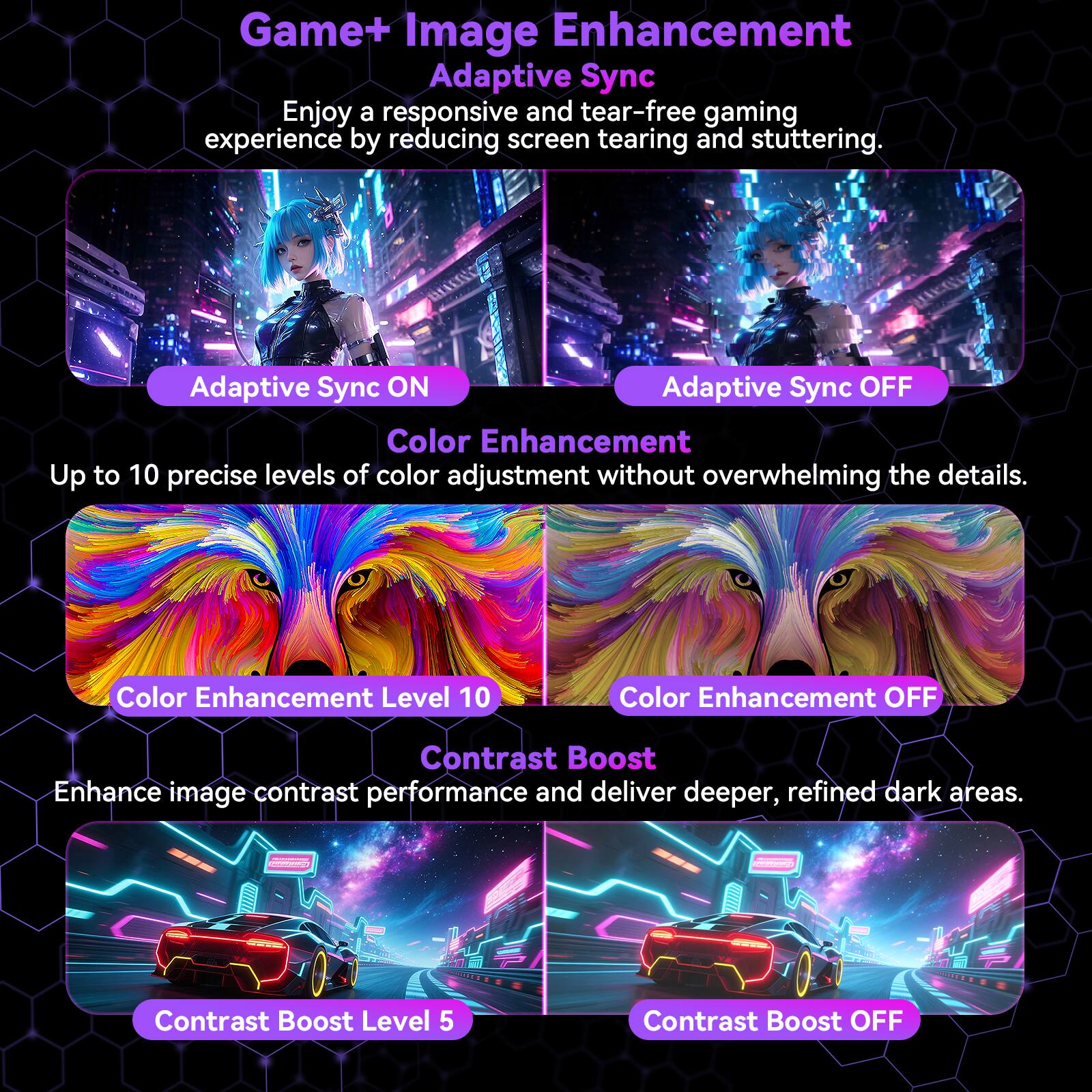 **Game+ Image Enhancement**

**Adaptive Sync**  
Enjoy a responsive and tear-free gaming experience by reducing screen tearing and stuttering.  
- Adaptive Sync ON  
- Adaptive Sync OFF  

**Color Enhancement**  
Up to 10 precise levels of color adjustment without overwhelming the details.  
- Color Enhancement Level 10  
- Color Enhancement OFF  

**Contrast Boost**  
Enhance image contrast performance and deliver deeper, refined dark areas.  
- Contrast Boost Level 5  
- Contrast Boost OFF
