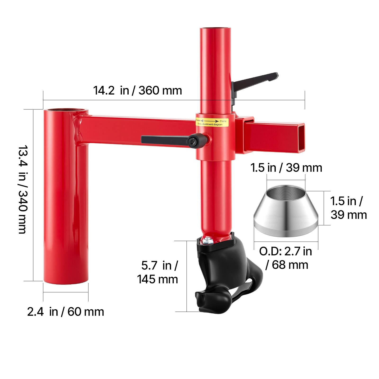 14.2 in / 360 mm  
13.4 in / 340 mm  
5.7 in / 145 mm  
1.5 in / 39 mm  
1.5 in / 39 mm  
O.D: 2.7 in / 68 mm  
2.4 in / 60 mm