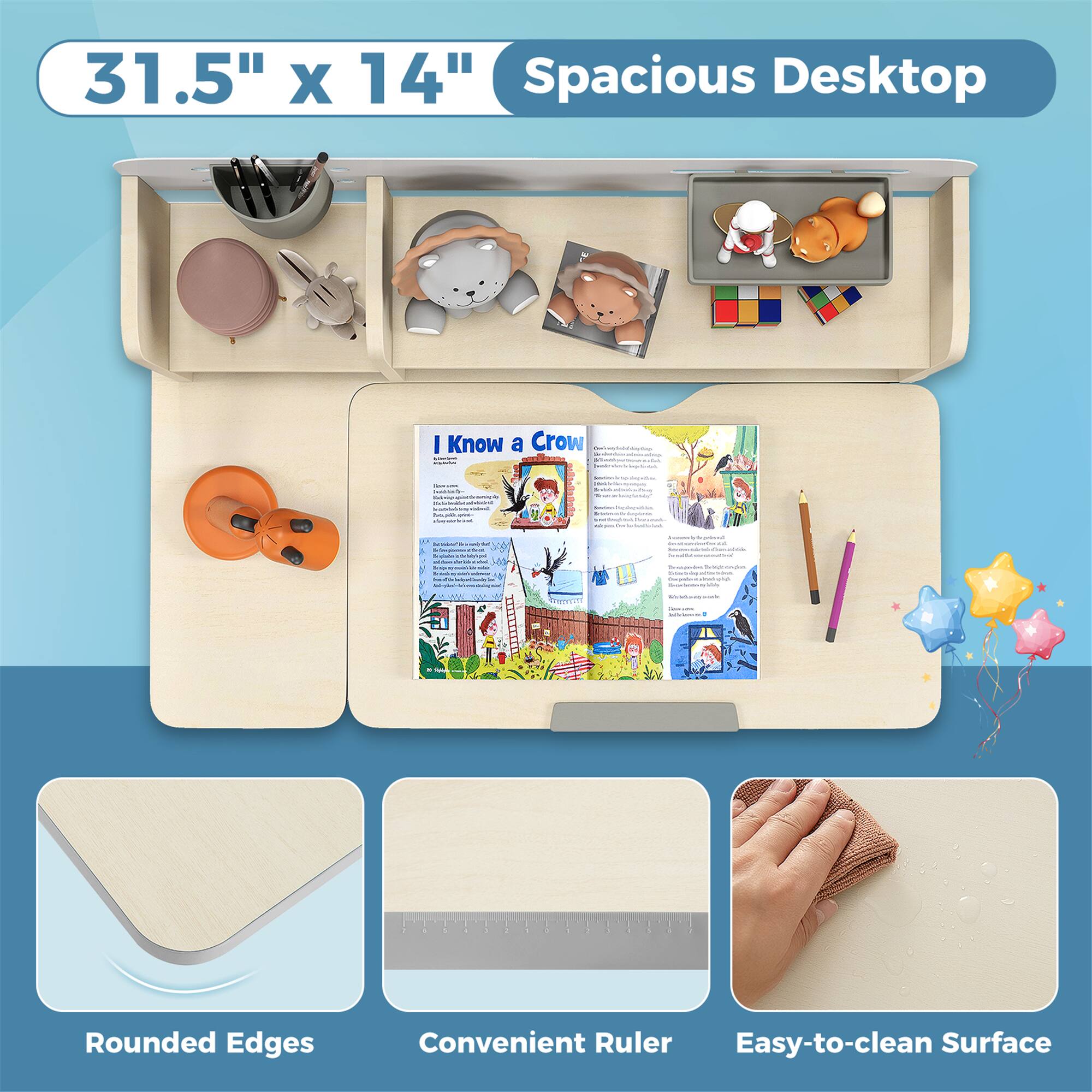 31.5" x 14" Spacious Desktop, Rounded Edges, Convenient Ruler, Easy-to-clean Surface