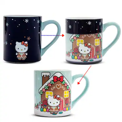 Front. Silver Buffalo - Sanrio Hello Kitty Holiday Gingerbread House Heat-Reveal Mug | Holds 14 Ounces - Multicolor.