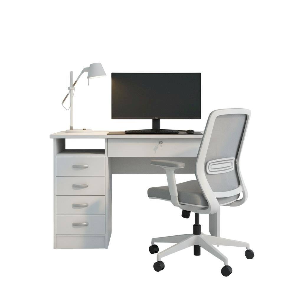 Angle. FurniFact - Elegant White Computer Desk Featuring Five Drawers and Open Shelf Design - White.