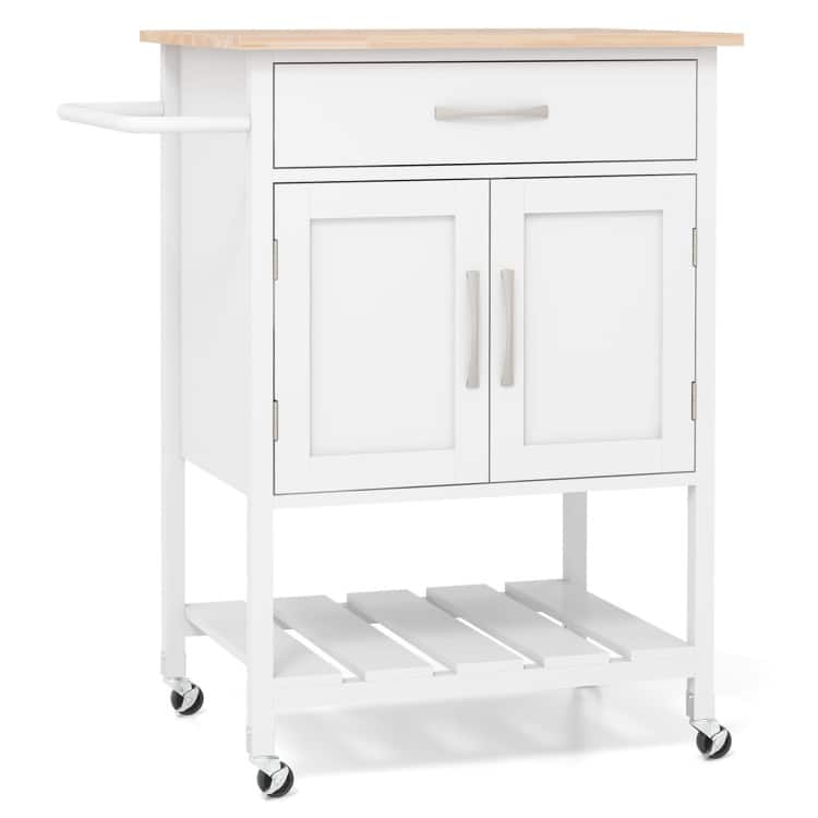 SlickBlue - Rolling Kitchen Island Cart with Drawer, Towel Rack, and Storage Shelves - White