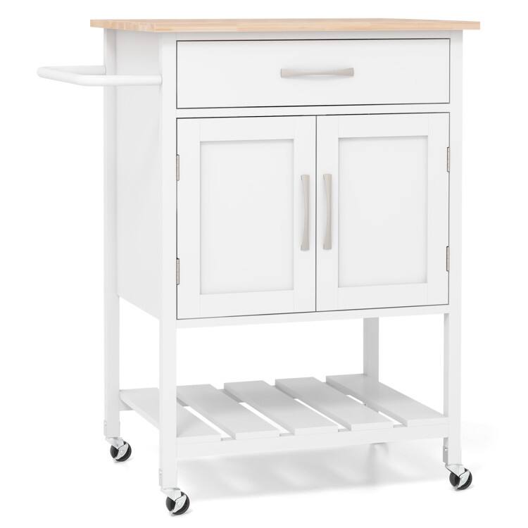 SlickBlue - Rolling Kitchen Island Cart with Drawer, Towel Rack, and Storage Shelves - White