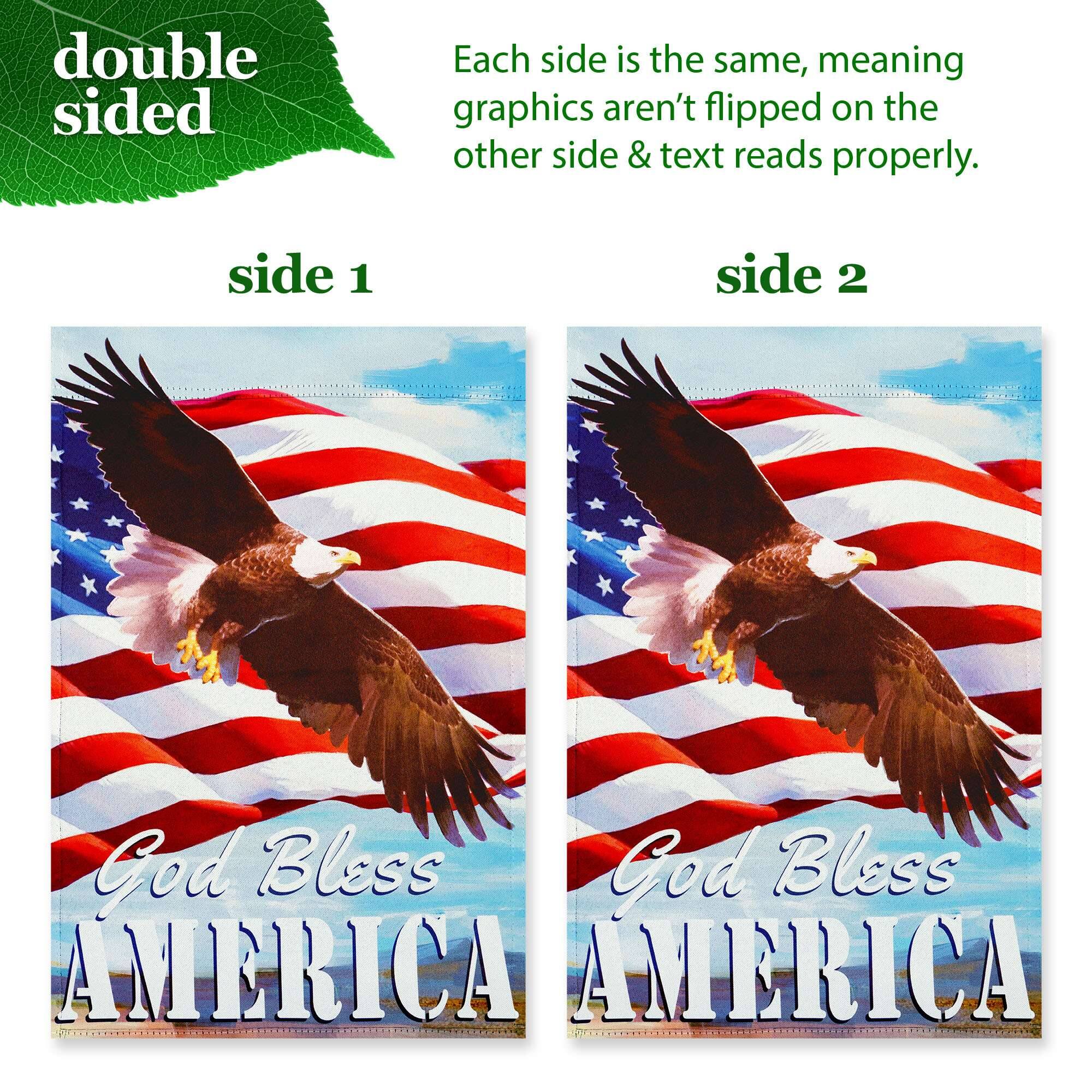 double sided

Each side is the same, meaning graphics aren't flipped on the other side & text reads properly.

side 1

God Bless AMERICA

side 2

God Bless AMERICA
