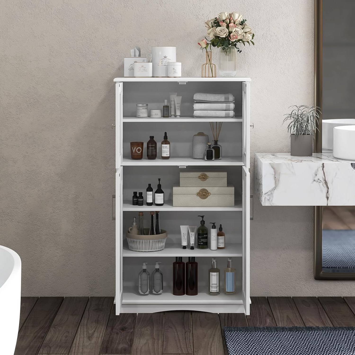 Left. Hivvago - White Bathroom Towel Linen Cabinet with Glass Doors and Storage Shelves - White.