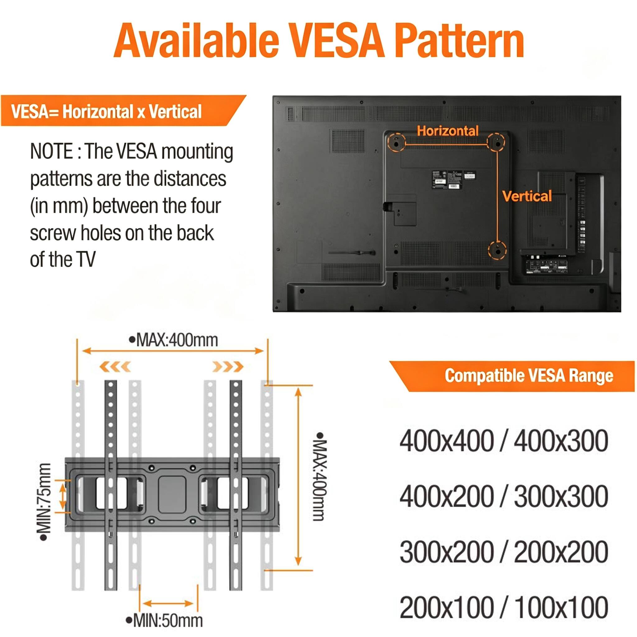 Available VESA Pattern

VESA= Horizontal x Vertical

NOTE: The VESA mounting patterns are the distances (in mm) between the four screw holes on the back of the TV

Horizontal MIN:75mm MAX:400mm

Vertical MIN:50mm MAX:400mm

Compatible VESA Range

400x400 / 400x300

400x200 / 300x300

300x200 / 200x200

200x100 / 100x100