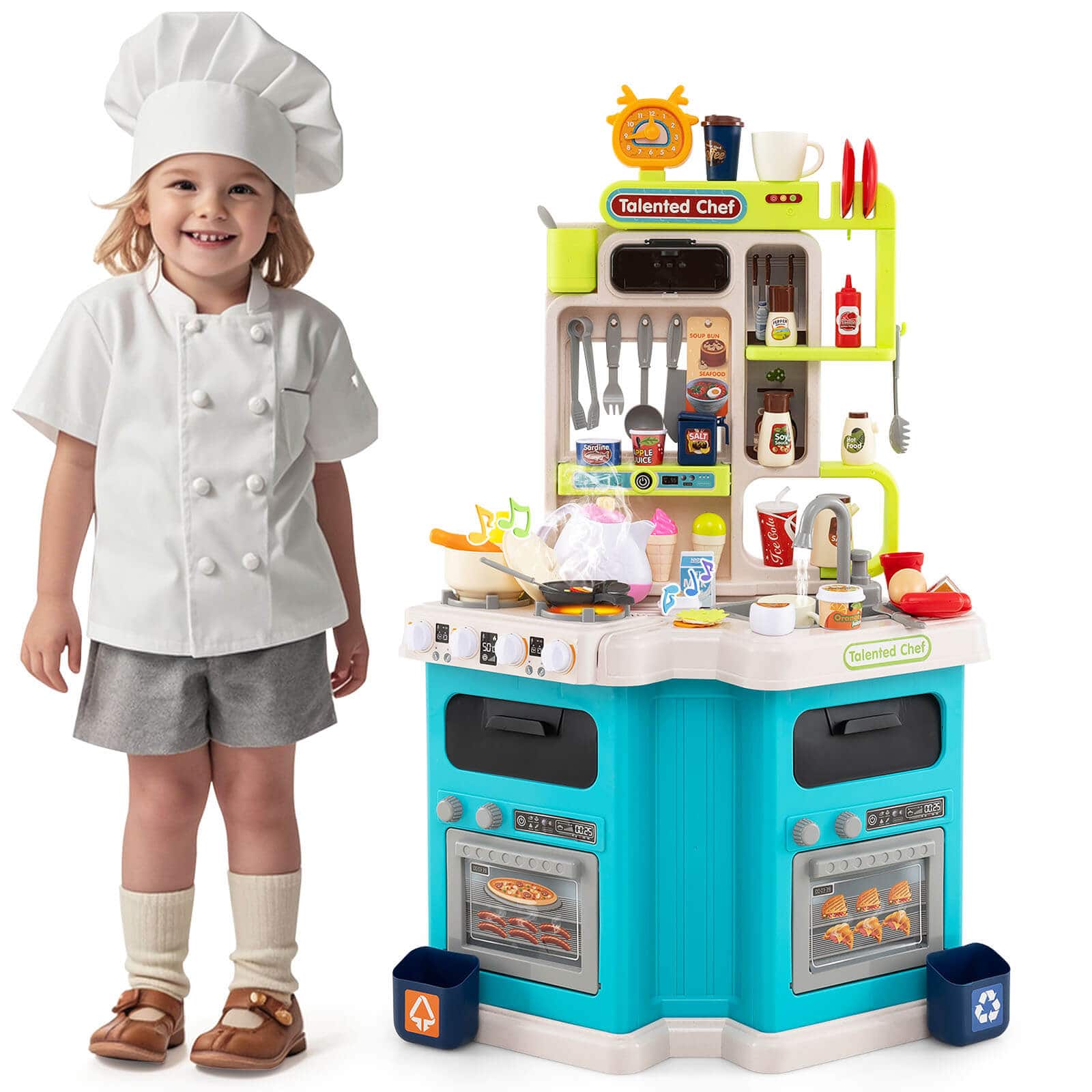 Costway - Kids Kitchen Playset with Sounds Lights Steam Play Sink 113 PCS Accessories - Blue