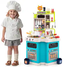 Costway - Kids Kitchen Playset with Sounds Lights Steam Play Sink 113 PCS Accessories - Blue