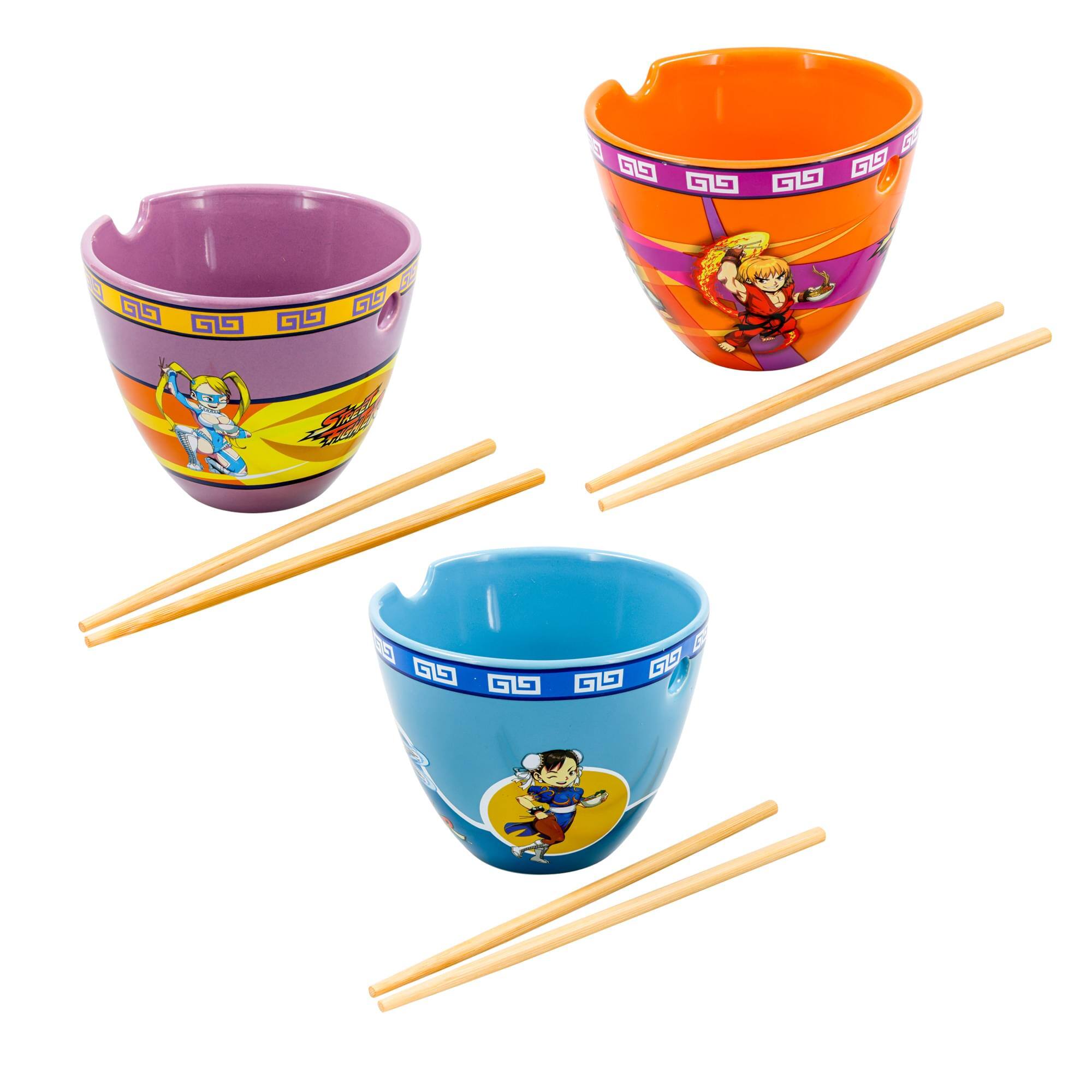 Front. Toynk - Street Fighter 16-Ounce Ramen Bowls and Chopsticks | Set Of 3 - Purple, Orange, Blue.
