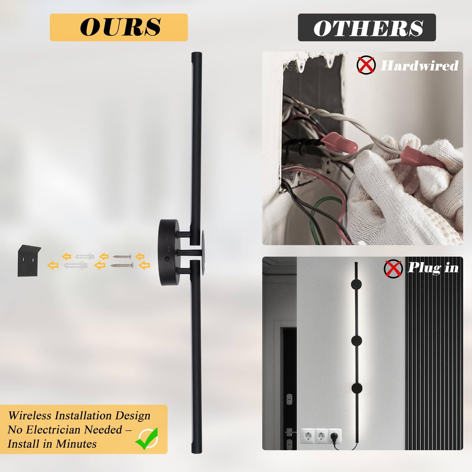**OURS**

- Wireless Installation Design
- No Electrician Needed
- Install in Minutes

**OTHERS**

- Hardwired
- Plug in