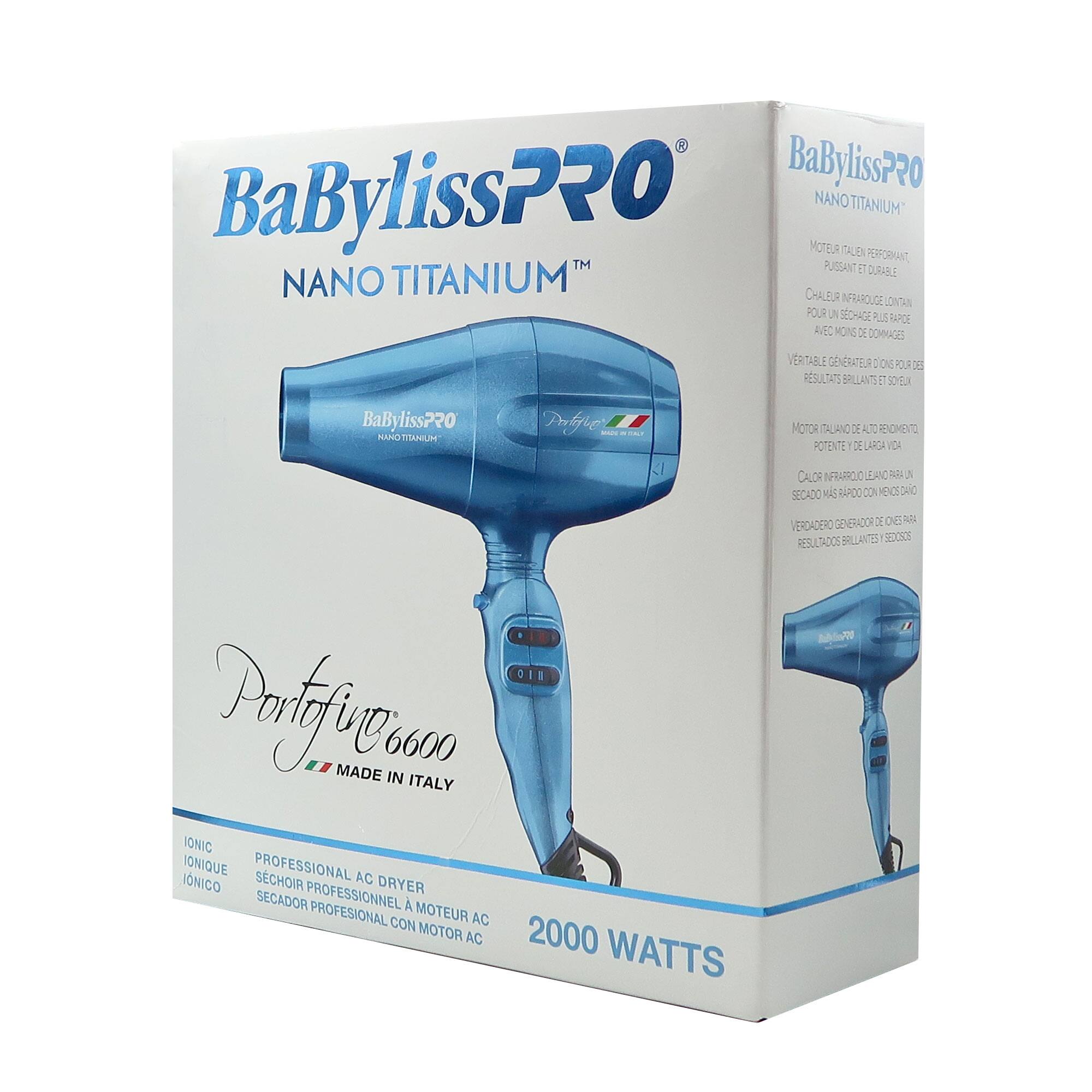 BaBylissPRO  
NANO TITANIUM™  
Portofino 6600  
MADE IN ITALY  

IONIC  
PROFESSIONAL AC DRYER  
SECADOR PROFESSIONAL CON MOTOR AC  

2000 WATTS  

MOTOR ITALIANO DE ALTO RENDIMIENTO,  
POTENTE Y DURADERO  

CALOR INFRAROJO LONANO  
PARA UN SECADO MÁS RÁPIDO CON MENOS DAÑOS  

GENERADOR DE IONES PARA  
RESULTADOS BRILLANTES Y SEDOSOS  

MOTOR ITALIANO DE ALTO RENDIMIENTO  
POTENTE Y DURADERO  

CALOR INFRAROJO LONANO  
SECADO MÁS RÁPIDO CON MENOS DAÑOS  

GENERADOR DE IONES PARA  
RESULTADOS BRILLANTES Y SEDOSOS