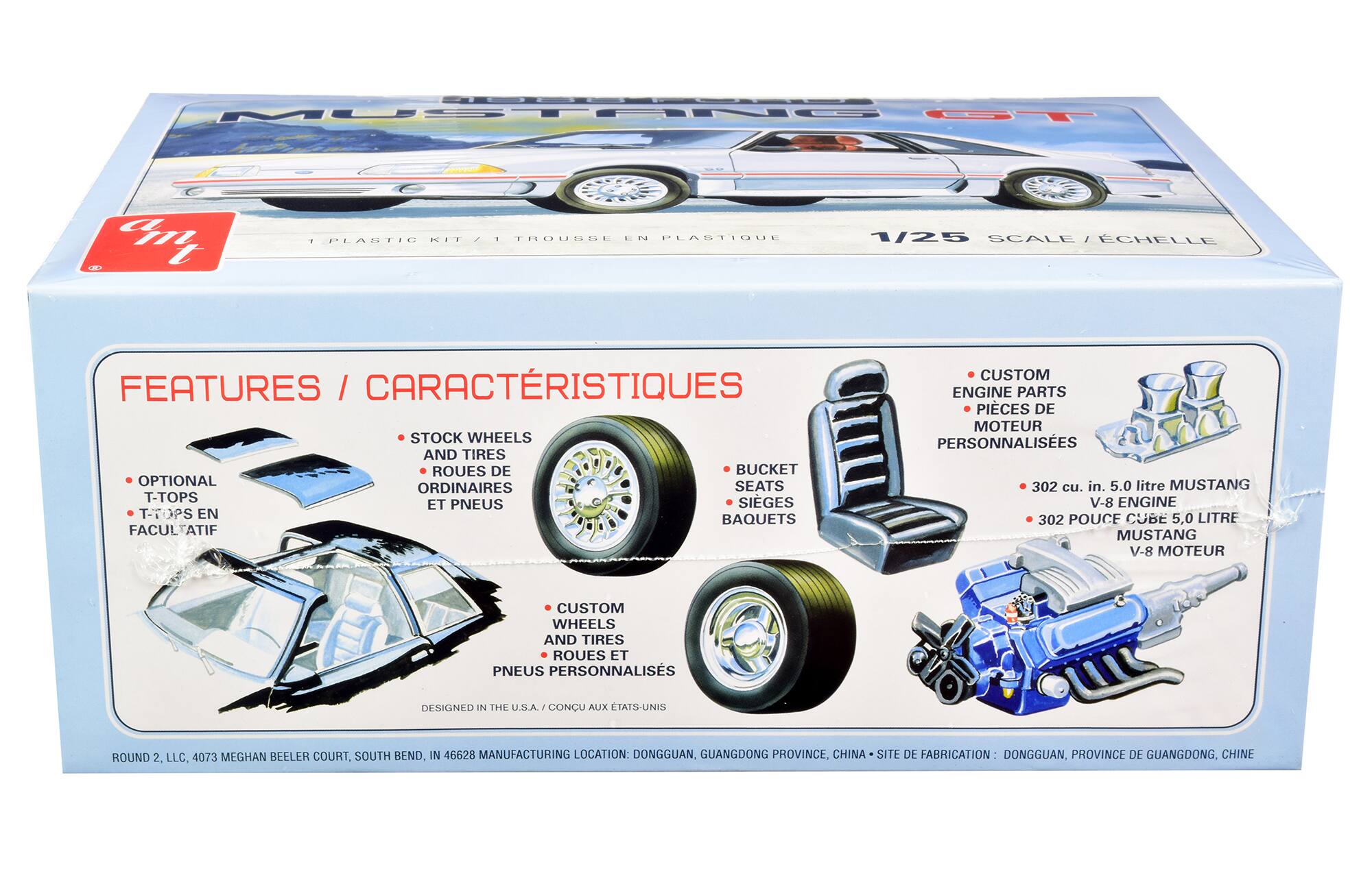 MUSTANG  
1/25 SCALE / ÉCHELLE  
1 PLASTIC KIT / 1 TROUSSE EN PLASTIQUE  

FEATURES / CARACTÉRISTIQUES  

- STOCK WHEELS AND TIRES  
- ROUES DE BUCKET  
- OPTIONAL T-TOPS  
- T-TOPS EN FACULTATIF  
- CUSTOM WHEELS AND TIRES  
- ROUES ET PNEUS PERSONNALISÉES  
- BUCKET SEATS  
- SIÈGES BAQUETS  
- CUSTOM ENGINE PARTS  
- PIÈCES DE MOTEUR PERSONNALISÉES  
- 302 cu. in. 5.0 litre MUSTANG  
- 302 POUCE CUBE 5,0 LITRE MUSTANG  
- V-8 ENGINE  
- V-8 MOTEUR  

DESIGNED IN THE U.S.A. / CONÇU AUX ÉTATS-UNIS  
ROUND 2, LLC. 4073 MEGHAN BEELER COURT, SOUTH BEND, IN 46628  
MANUFACTURING LOCATION: DONGGUAN, GUANGDONG PROVINCE, CHINA