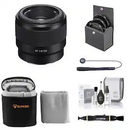 FE 50mm f/1.8 Lens for Sony E, Bundle with 49mm Filter Kit, Lens Case, Lens Cleaner, Cleaning Kit, Lens Cap Tether