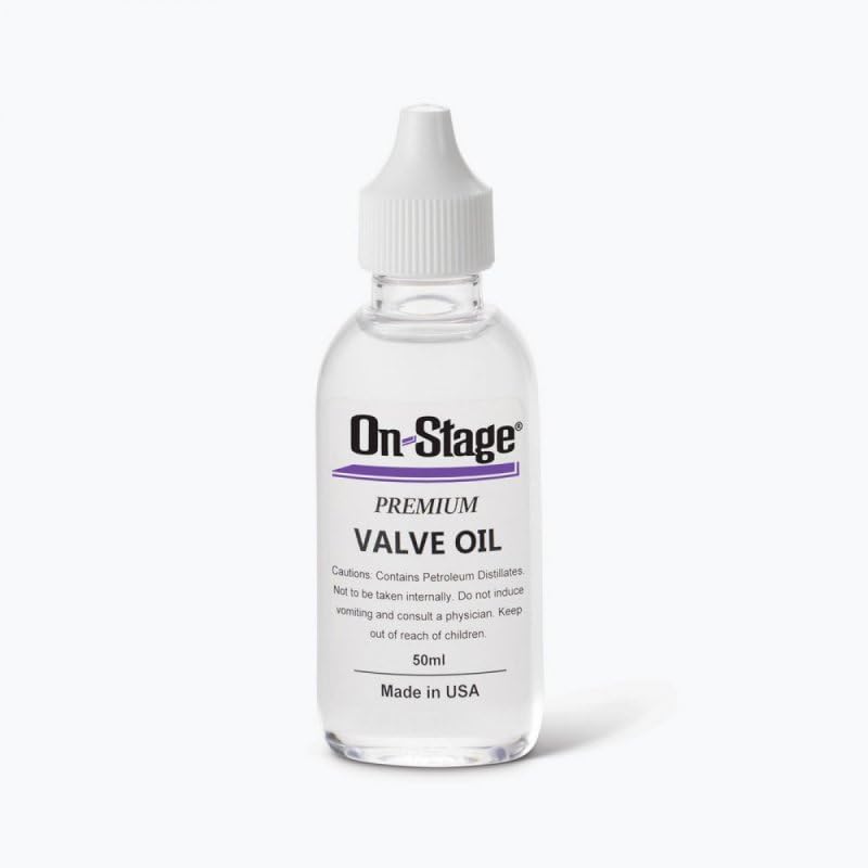 On Stage PREMIUM VALVE OIL  
Cautions: Contains Petroleum Distillates  
Not to be taken internally. Do not induce vomiting and consult a physician. Keep out of reach of children.  
50ml  
Made in USA