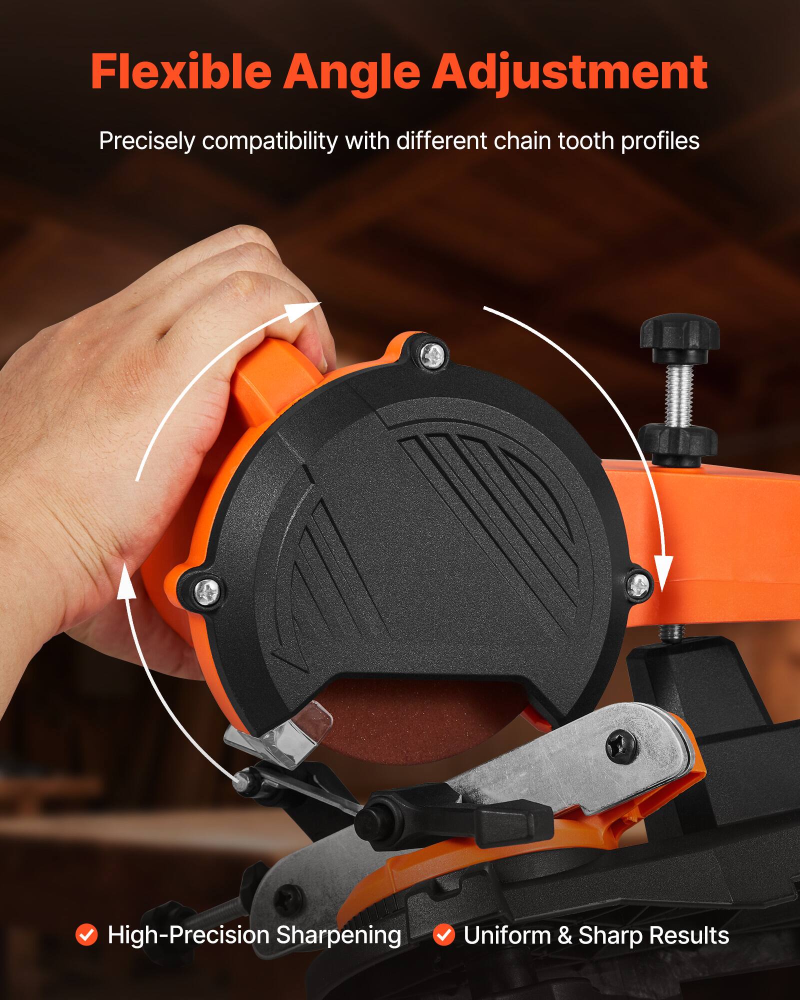 Flexible Angle Adjustment  
Precisely compatibility with different chain tooth profiles  

High-Precision Sharpening  
Uniform & Sharp Results