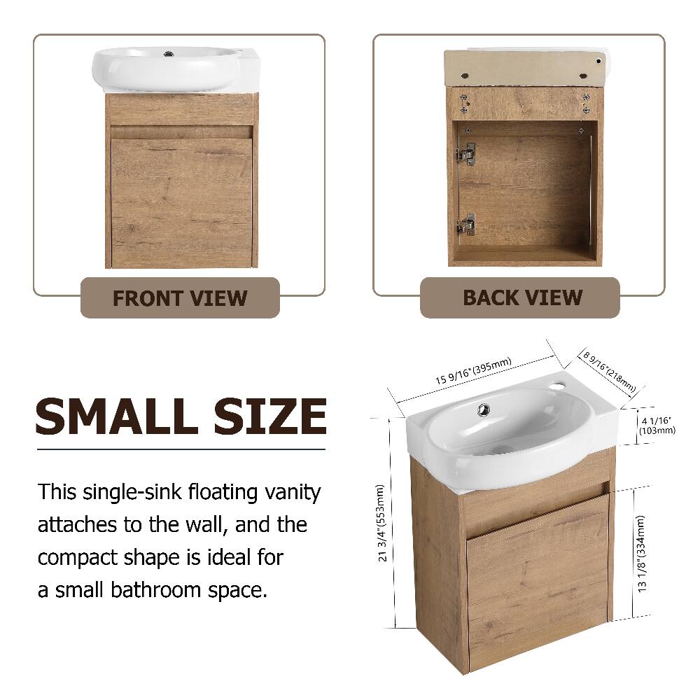 FRONT VIEW  
BACK VIEW  

SMALL SIZE  
This single-sink floating vanity attaches to the wall, and the compact shape is ideal for a small bathroom space.  

3/4" (553mm)  
21 15/16" (553mm)  
8 9/16" (218mm)  
4 1/16" (103mm)  
1/8" (334mm)  
13 1/8" (334mm)