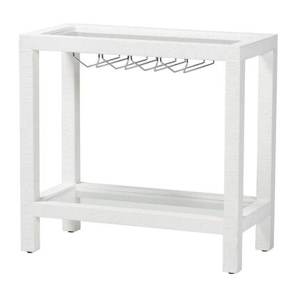 Front. bali & pari - Oaklynn Natural Grasscloth Wine Rack - Two-Tier Bar Table with Glass Shelves and Stemware Rack, Modern Coastal Console - White.