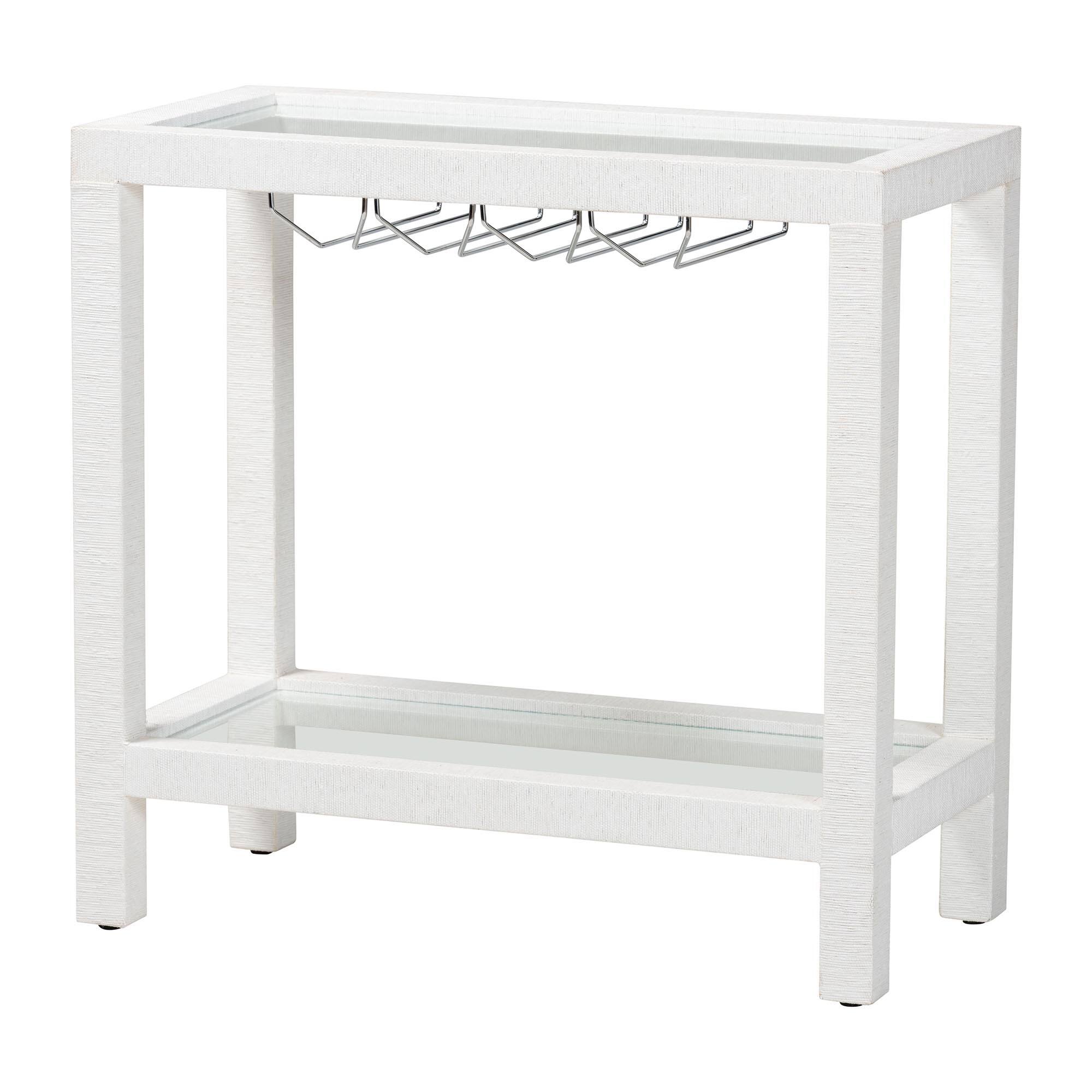 Front. bali & pari - Oaklynn Natural Grasscloth Wine Rack - Two-Tier Bar Table with Glass Shelves and Stemware Rack, Modern Coastal Console - White.