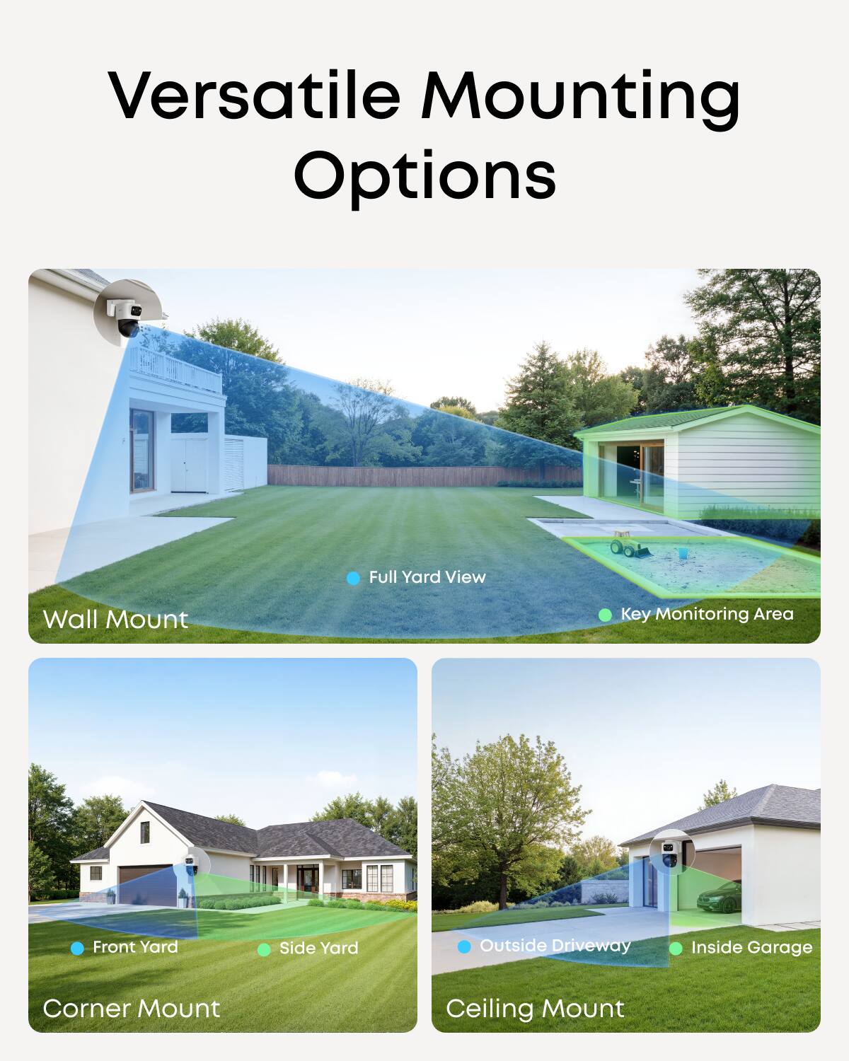 Versatile Mounting Options

- Wall Mount
  - Full Yard View
  - Key Monitoring Area

- Corner Mount
  - Front Yard
  - Side Yard

- Ceiling Mount
  - Outside Driveway
  - Inside Garage