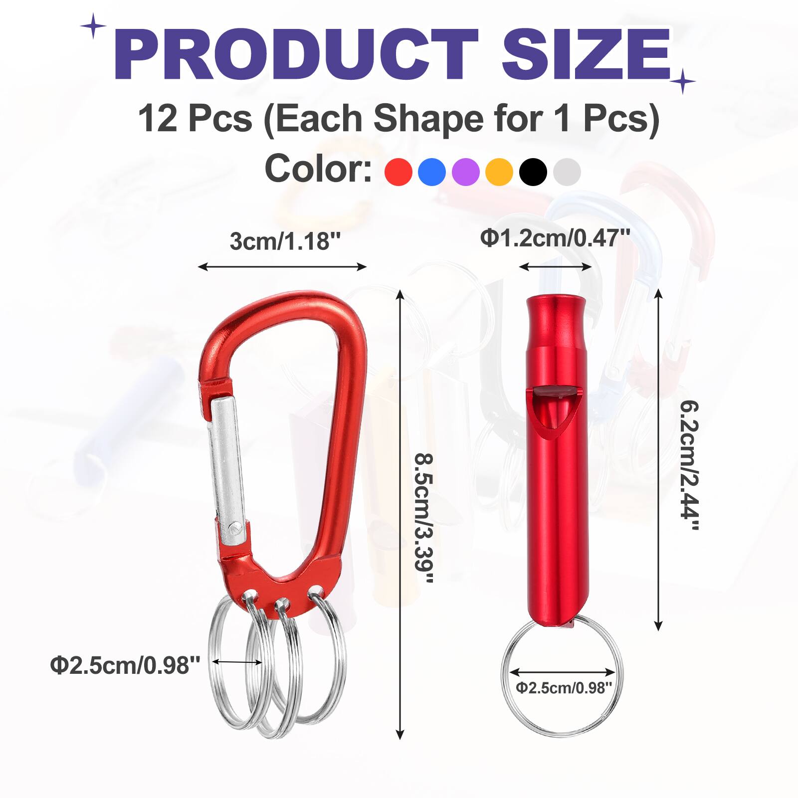 PRODUCT SIZE  
12 Pcs (Each Shape for 1 Pcs)  
Color:  
- 3cm/1.18"  
- 1.2cm/0.47"  
- 8.5cm/3.39"  
- 6.2cm/2.44"  
- 2.5cm/0.98"  
- 2.5cm/0.98"