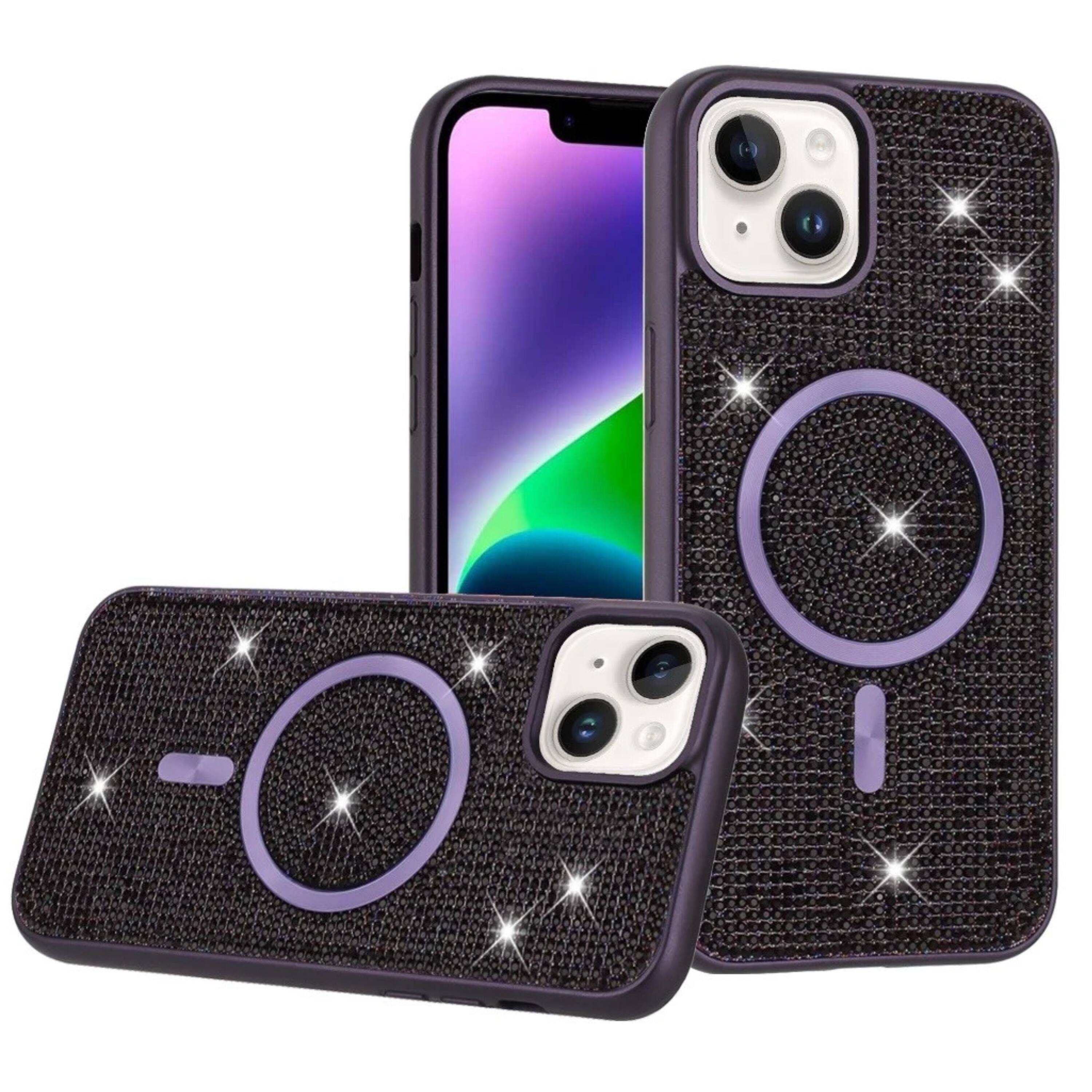 Angle. Kitcheniva - Full Bling Magnetic Circle Faux Crystal Phone Case With Tempered Glass For iPhone 13 14 Purple - Purple.