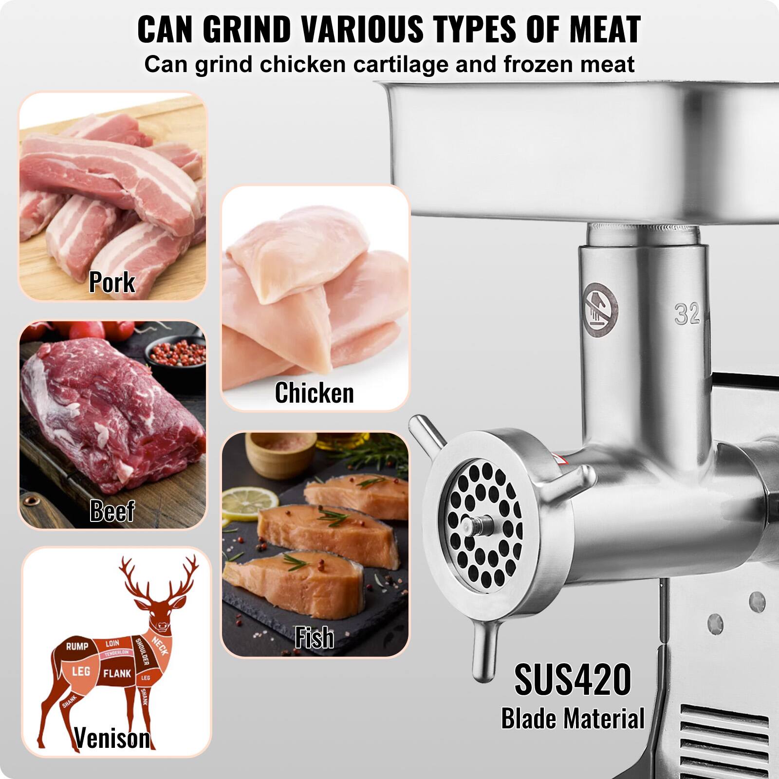 CAN GRIND VARIOUS TYPES OF MEAT
Can grind chicken cartilage and frozen meat
Pork
Chicken
Beef
Venison
Fish
SUS420 Blade Material