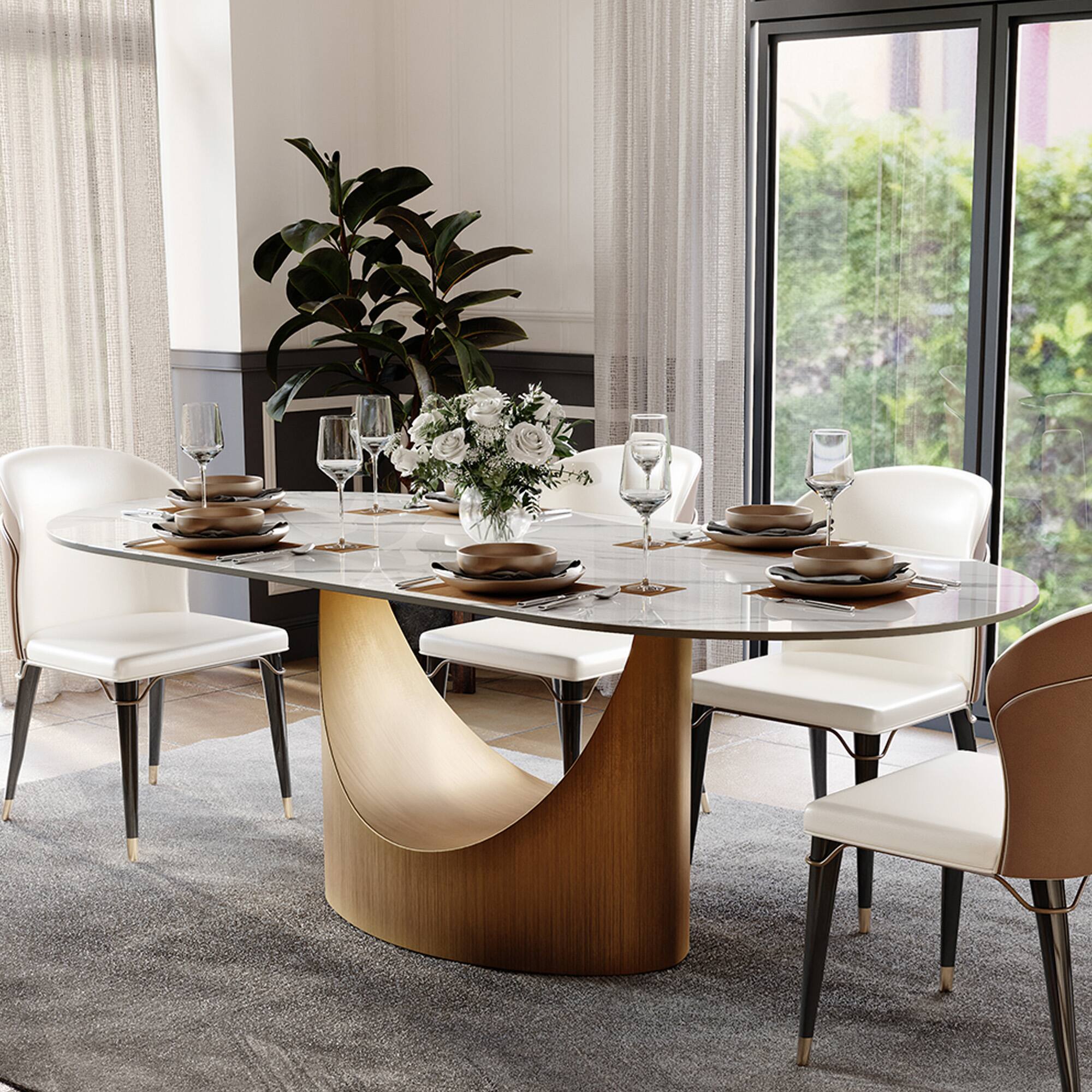 Left. POVISON - 71"Hobart Modern Oval Dining Table for 6, White Oval Glossy Sintered Stone Kitchen Table, Bronze Carbon Steel Base - White.
