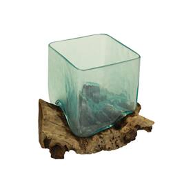 Contrast Inc. - Teak Driftwood Glass Square Vase/Bowl - 8" High - Nature-Inspired Decor - Brown