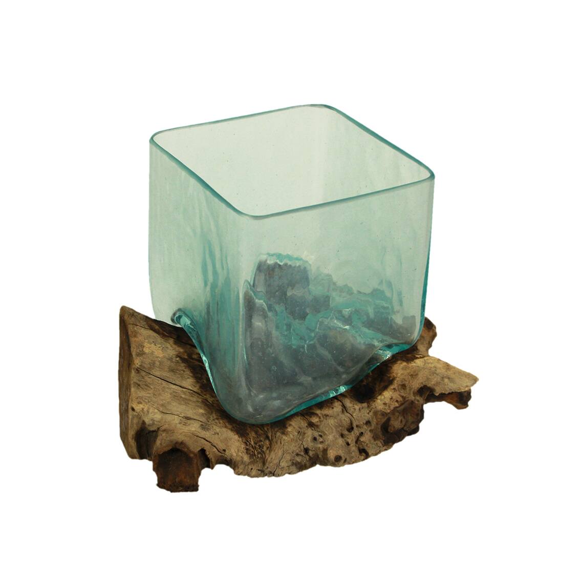 Front. Contrast Inc. - Teak Driftwood Glass Square Vase/Bowl - 8" High - Nature-Inspired Decor - Brown.