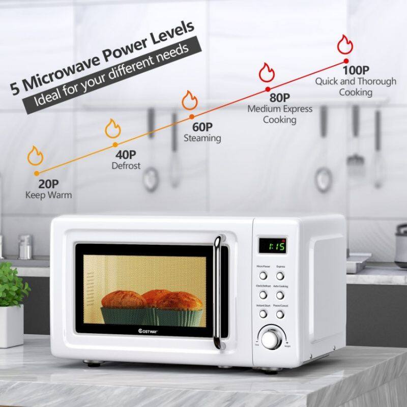 5 Microwave Power Levels  
Ideal for your different needs  

- 20P Keep Warm  
- 40P Defrost  
- 60P Steaming  
- 80P Medium Express Cooking  
- 100P Quick and Thorough Cooking