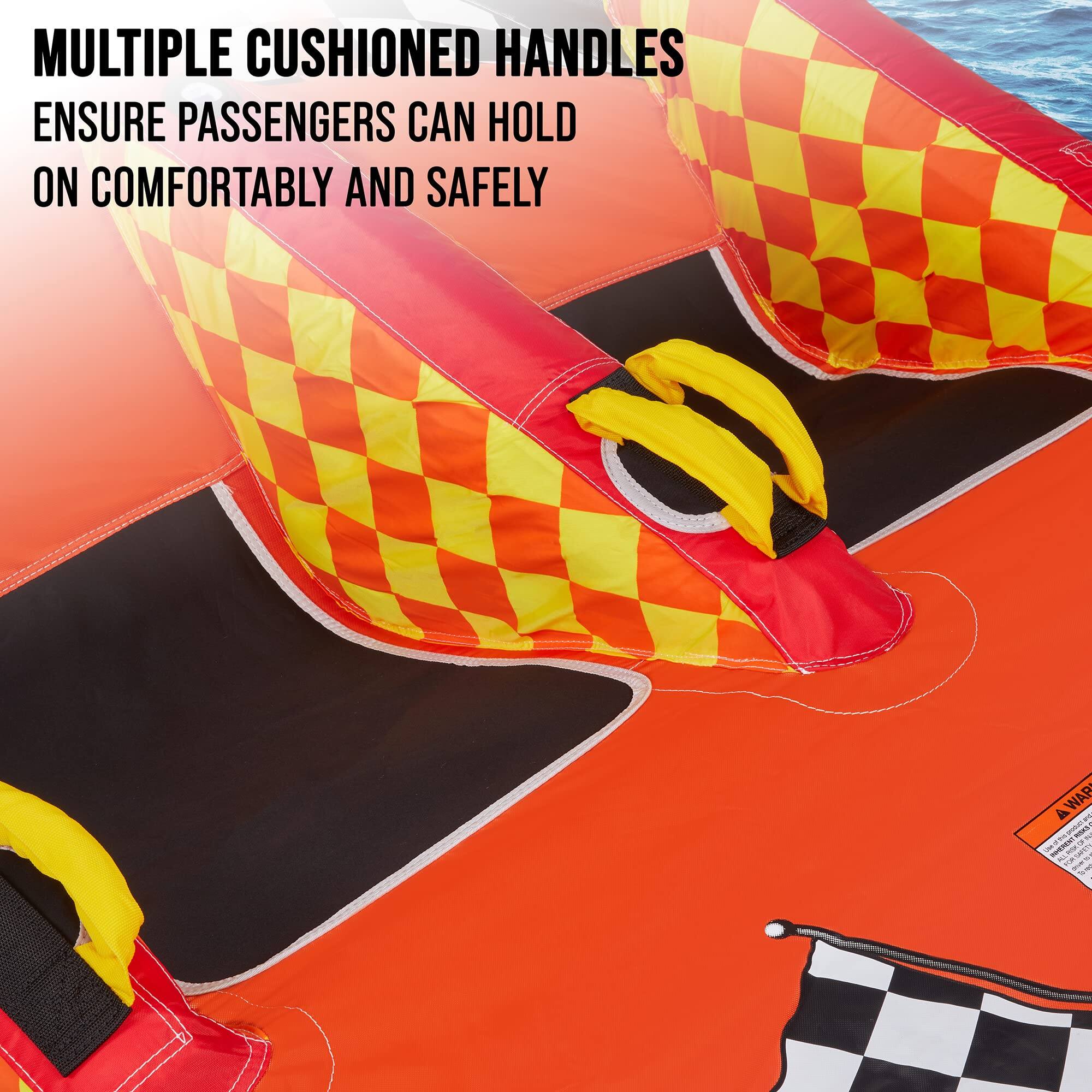 MULTIPLE CUSHIONED HANDLES ENSURE PASSENGERS CAN HOLD ON COMFORTABLY AND SAFELY A WARNING