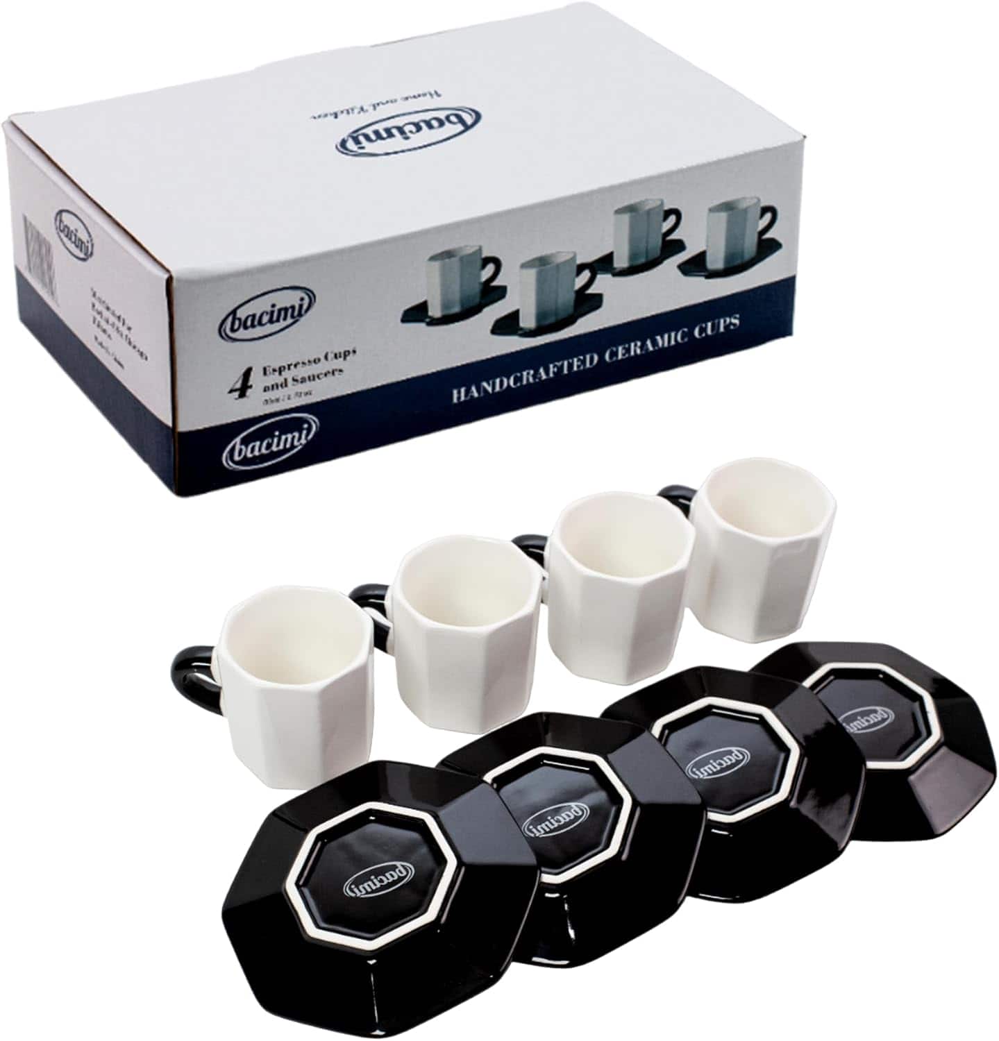 Bacimi - Mini Ceramic Espresso Cups with Saucer - Set of 4/2.7oz / 80ML Small Drinking Cups with Handle Modern Italian Inspired - White/Black