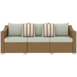PULUZ - Rattan Wicker 3 Seater Patio Couch with Cushions, 2 Throw Pillows, Outdoor Furniture Rattan Sofa - Light Gray