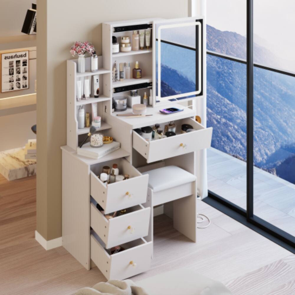 Left. LUCKY ONE - 29.2in Small Vanity Set with Touch Control LED Sliding Mirror, 2AC+USB+TypeC, Hair Dryer Stand and Stool - White.