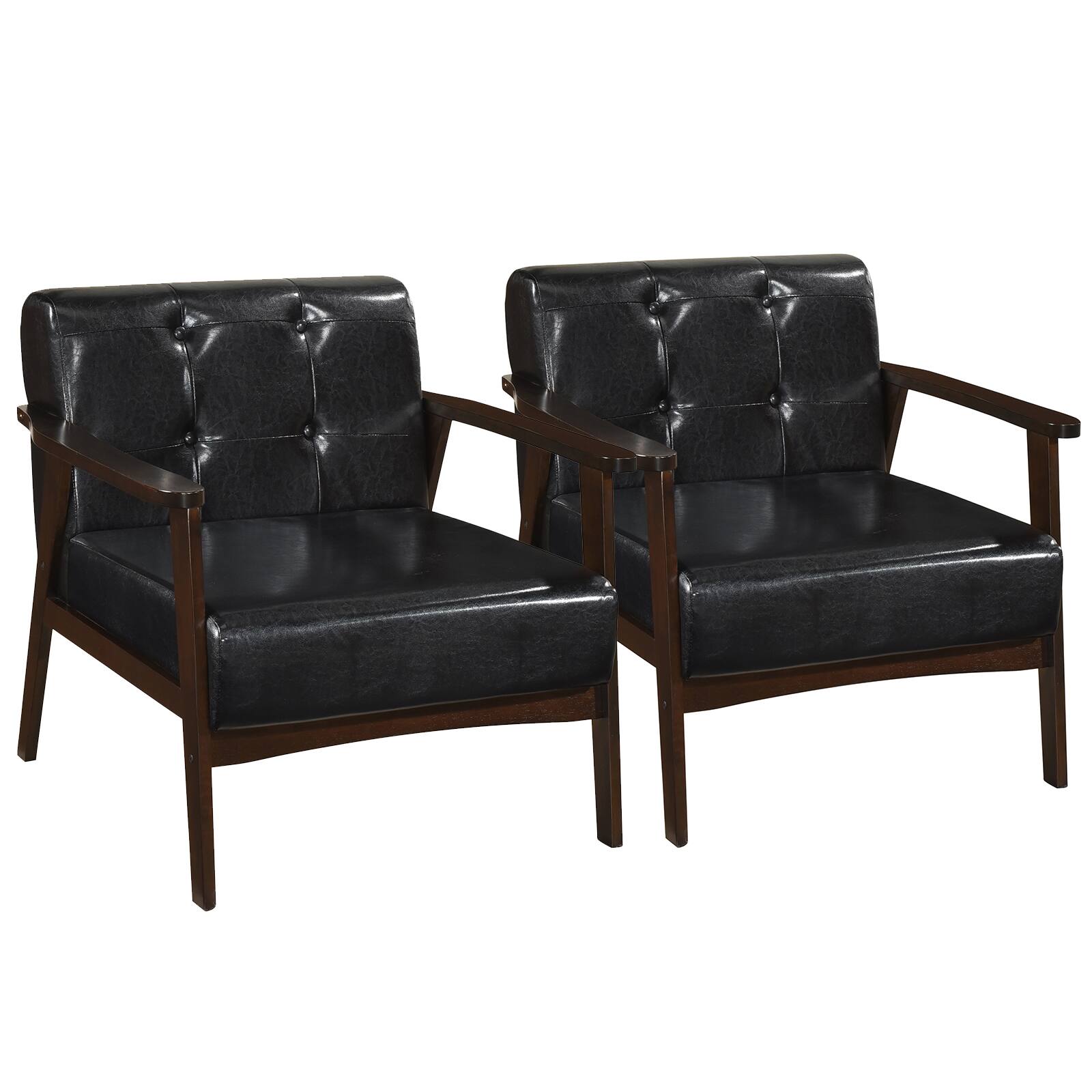 Costway - 2PCS Accent Chair Button Tufted Mid-century Modern Lounge Chair with Armrest - Black