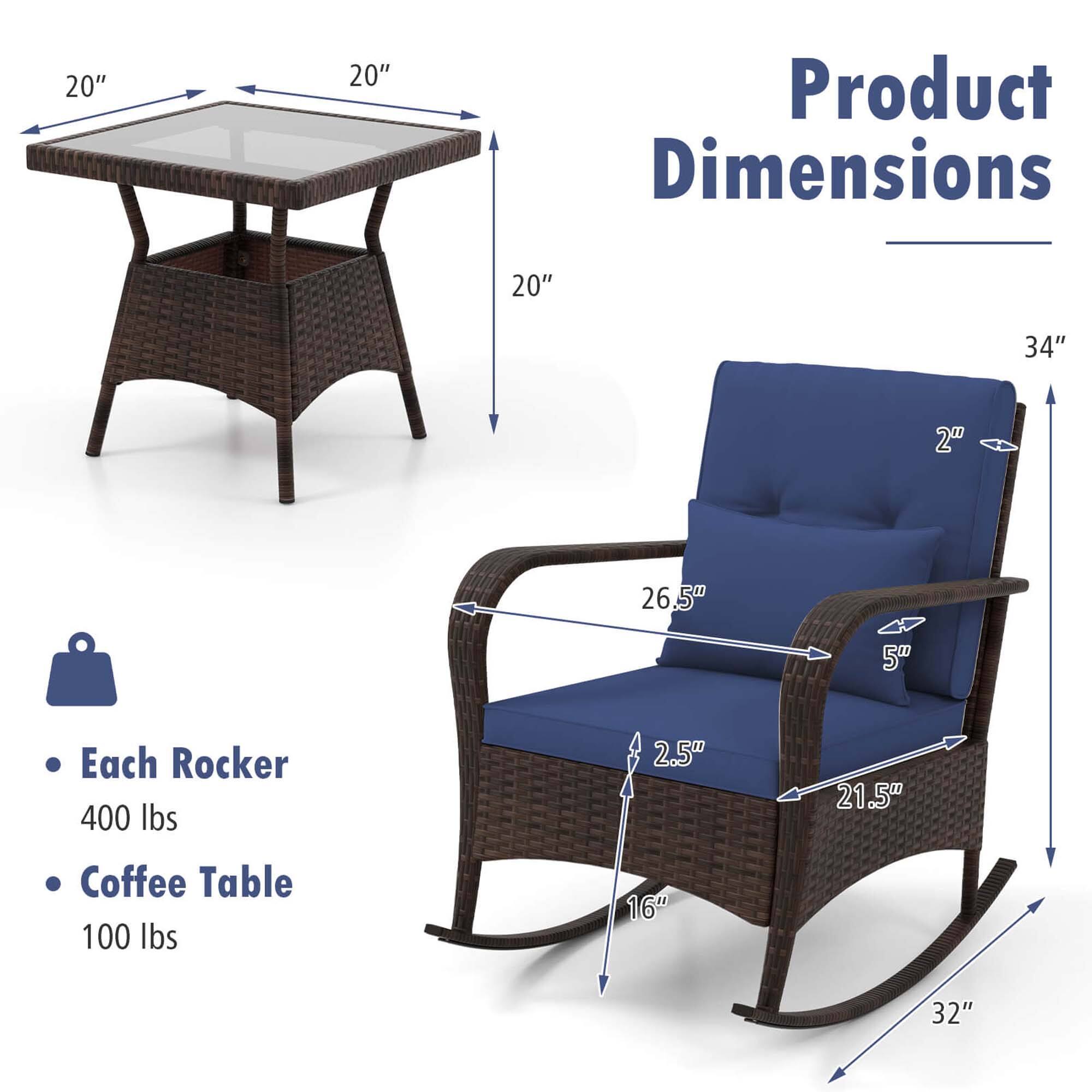 Product Dimensions

20" x 20" x 20" Coffee Table
34" x 26.5" x 21.5" x 16" x 32" Each Rocker

Each Rocker: 400 lbs
Coffee Table: 100 lbs