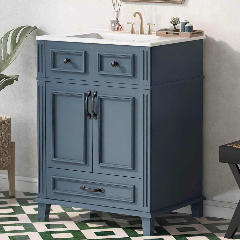 Left. Loheer - Loheer 24 inch Bathroom Vanity with Sink, Blue Solid Wood Frame Freestanding Cabinet - Blue.