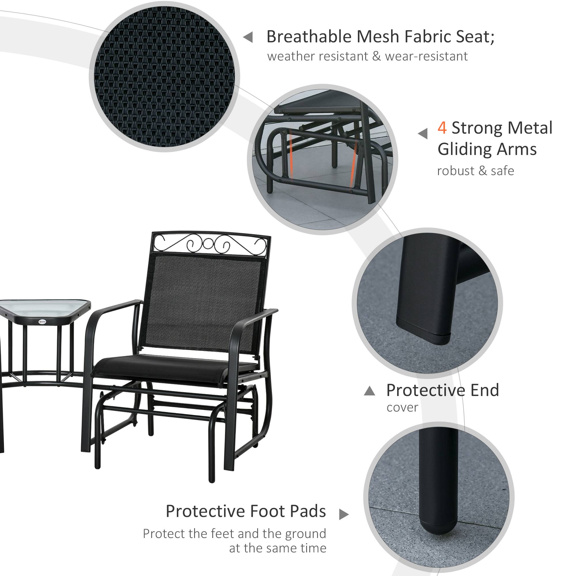 - Breathable Mesh Fabric Seat; weather resistant & wear-resistant
- 4 Strong Metal Gliding Arms; robust & safe
- Protective End cover
- Protective Foot Pads; Protect the feet and the ground at the same time