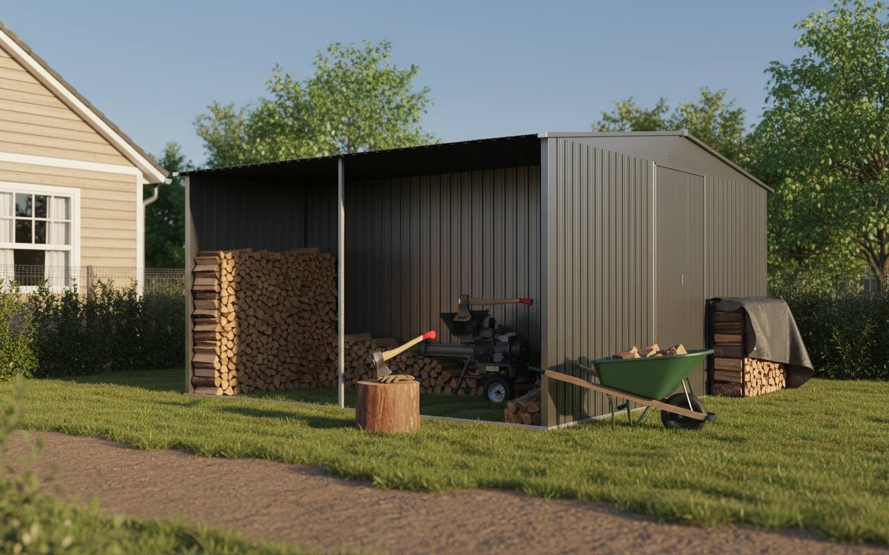 Left. Anysun - 13x11ft 2-in-1 Metal Storage Shed with Firewood Shed, Heavy-Duty Outdoor Garden Shed for Winter Use - Grey.