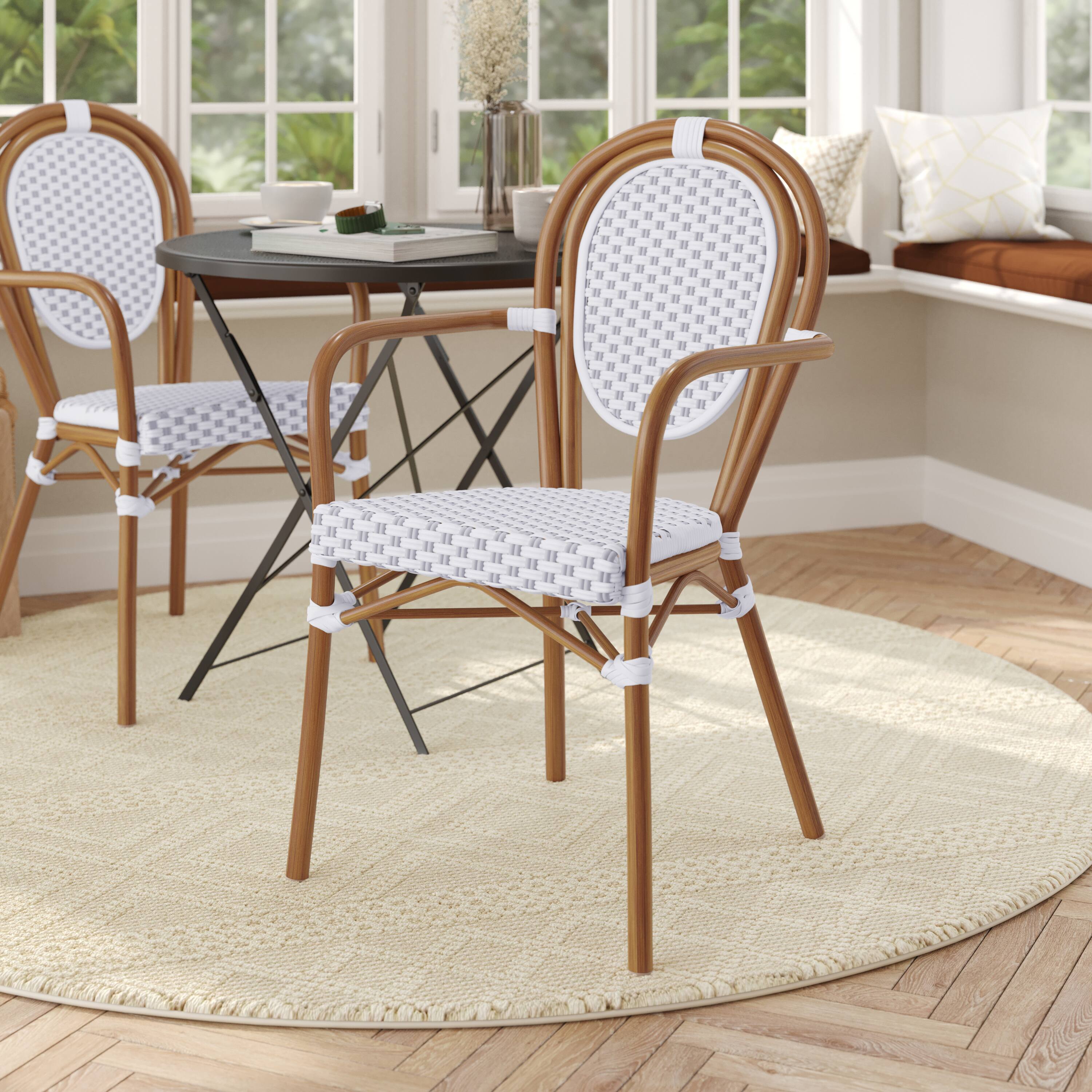 Alt View 1. Flash Furniture - Lourdes Indoor/Outdoor Commercial Thonet Bistro Stacking Chair with Arms, White and Gray PE Rattan and Bamboo Print Alum - Gray.